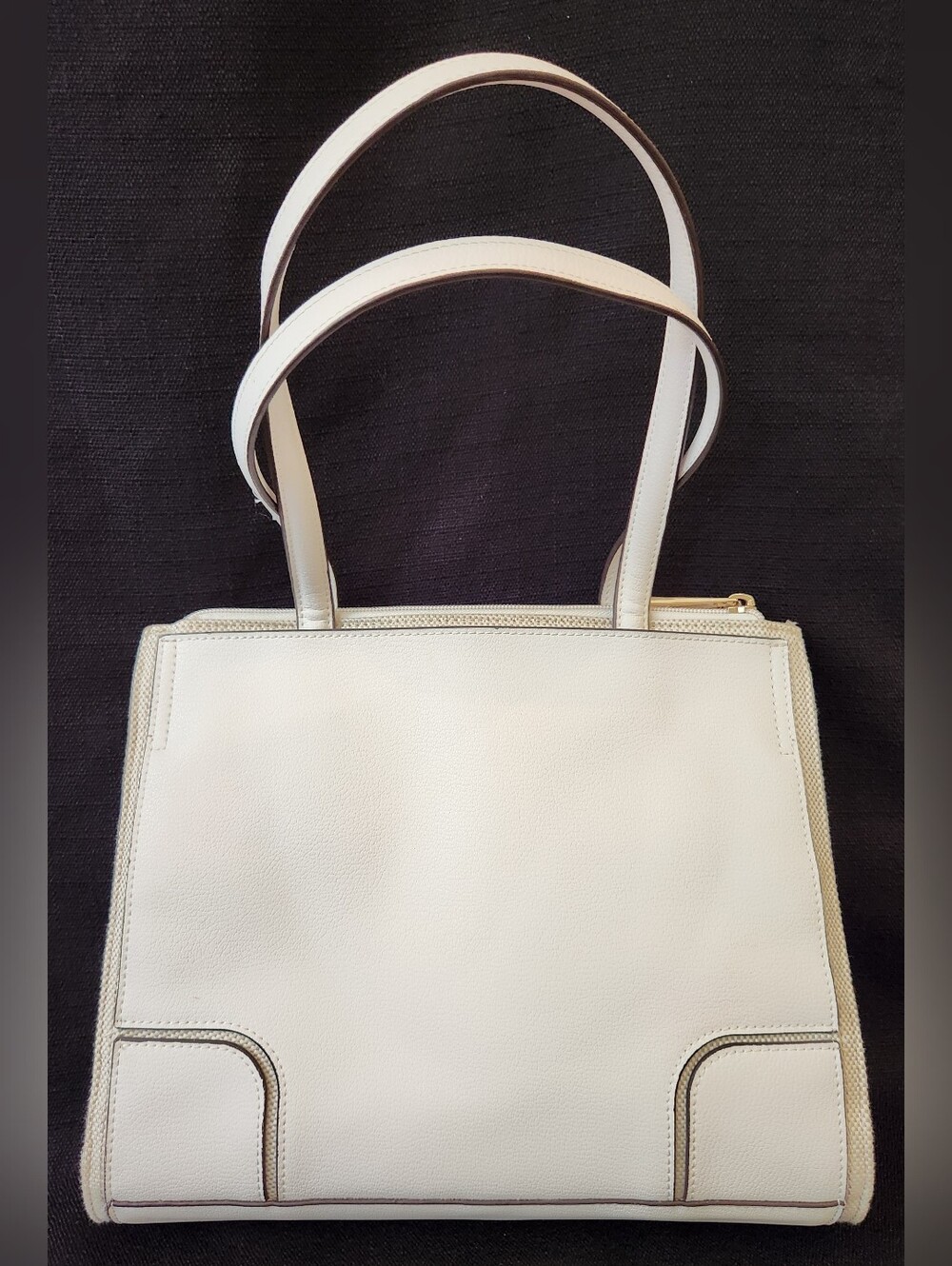 Antonio Melani White Leather Canvas Tote Bag Shoulder Purse Multi Pocket - Picture 2 of 16